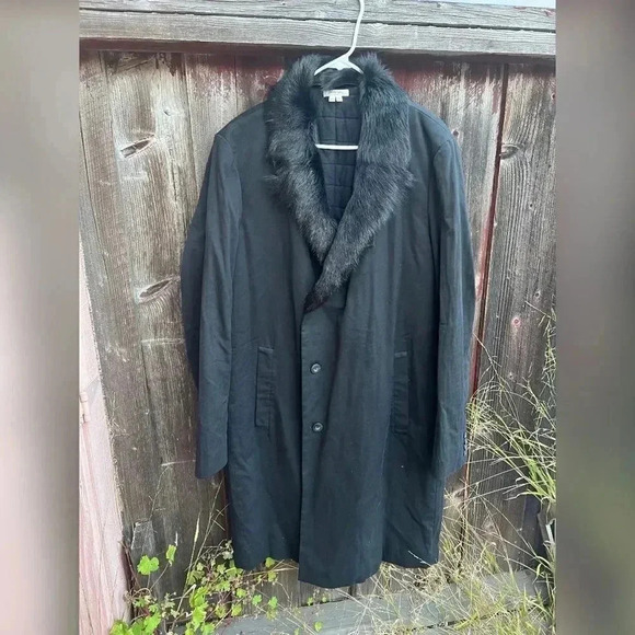 Helmut Lang Long Black Wool Coat With Fur - Picture 4 of 5